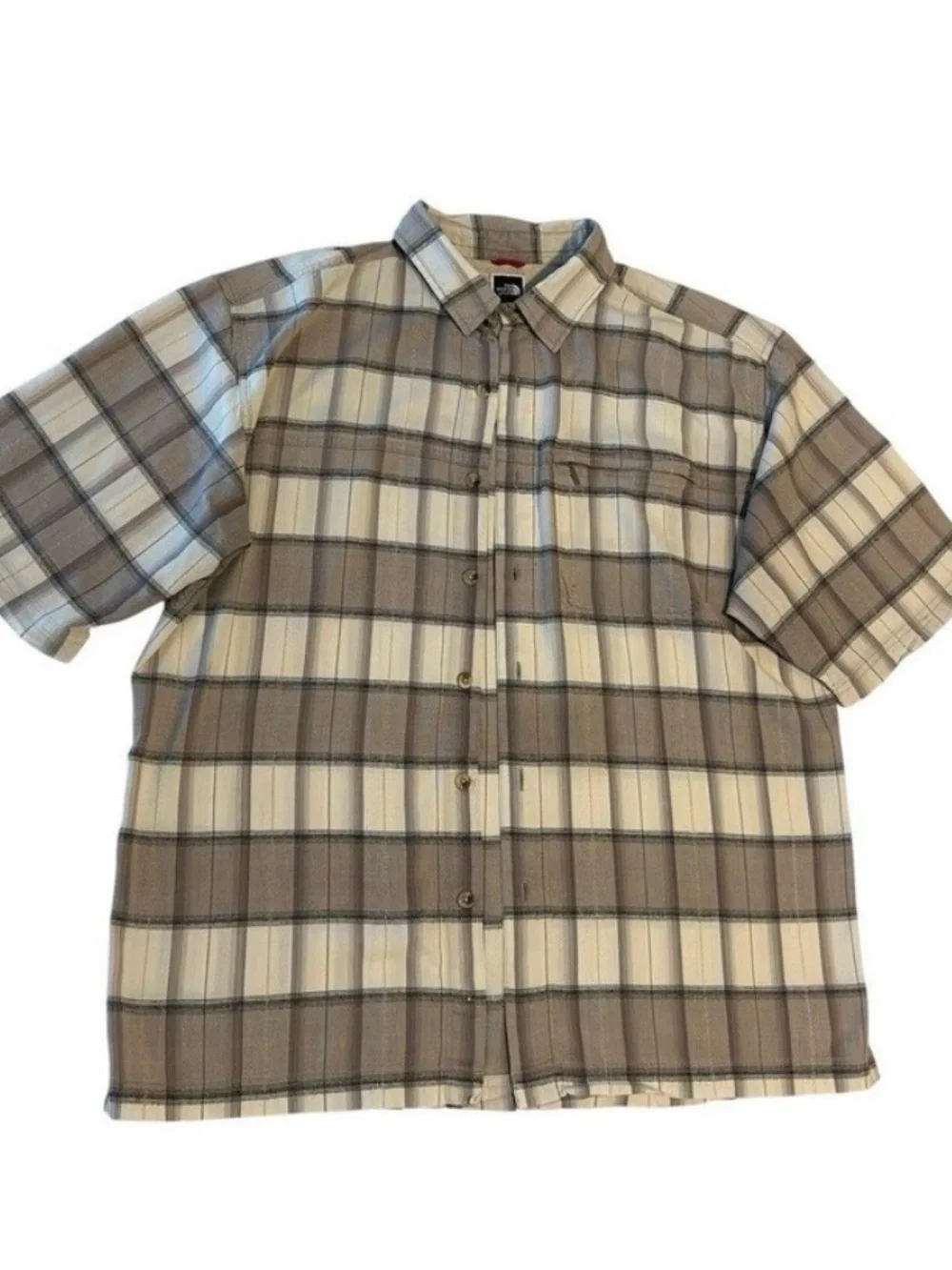 North Face Button Up Shirt Men’s Size MED Short Sleeve Beige Cream Plaid Outdoor